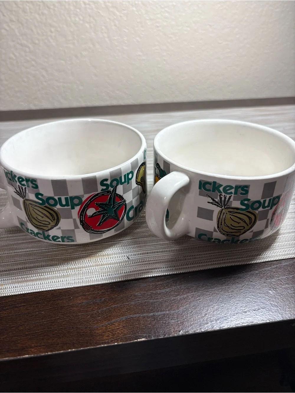 Soup Crackers Ceramic Soup Mugs - White with Red & Yellow Vegetable Print.